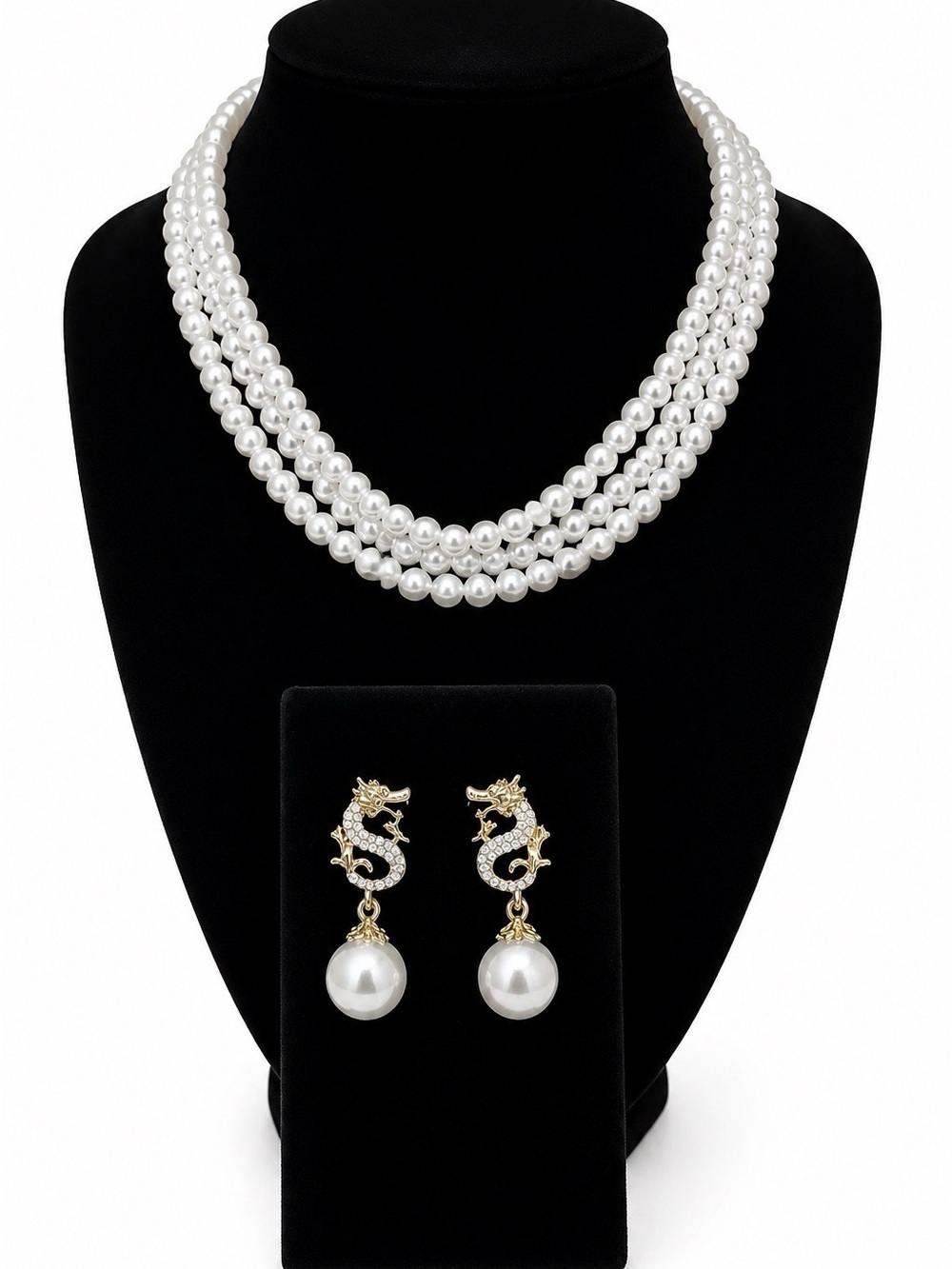 Classic White Pearl Triple-Strand Necklace with Dragon Drop Earrings